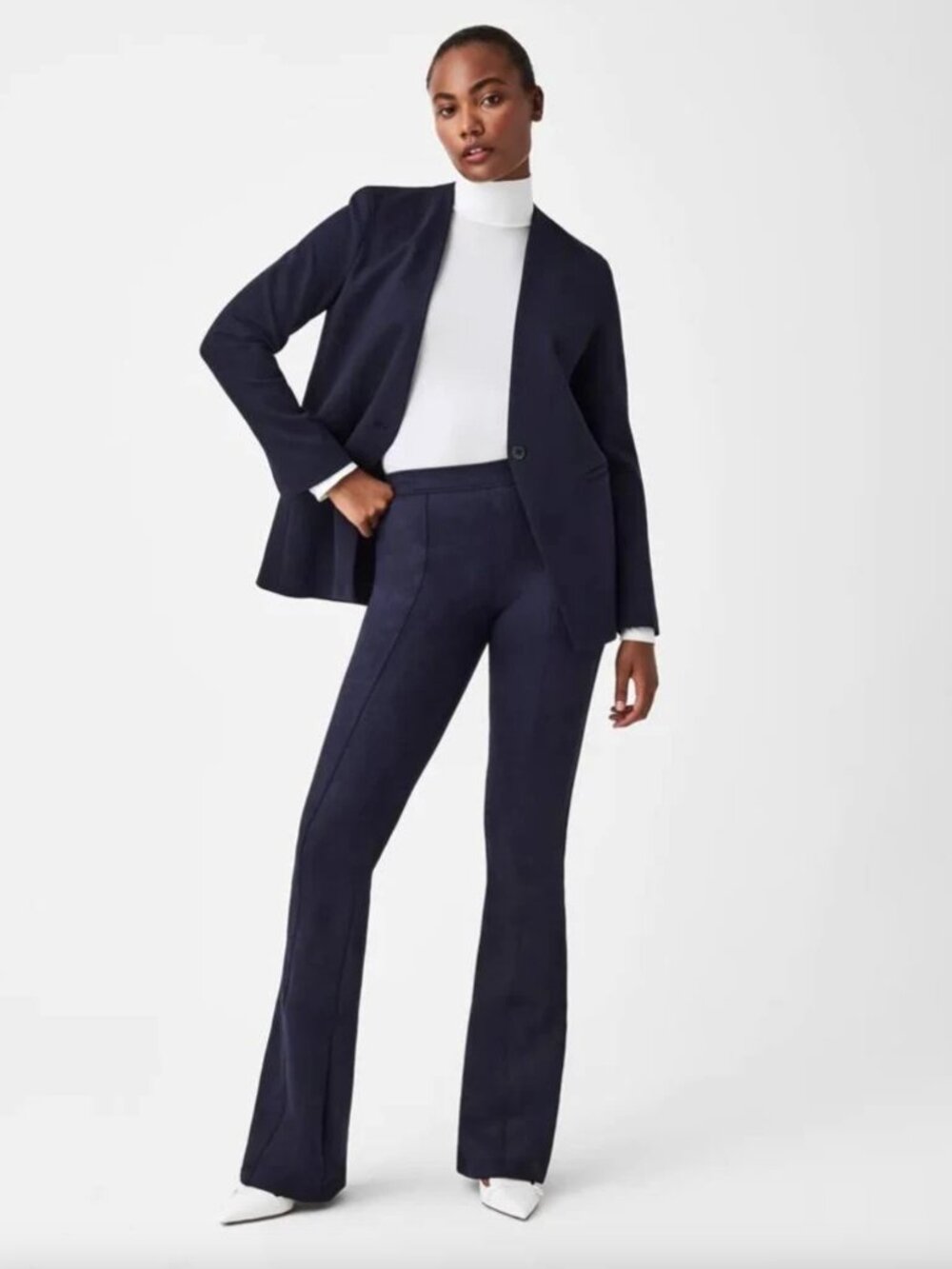 Spanx Faux Suede Flare Pants in Classic Navy size MP